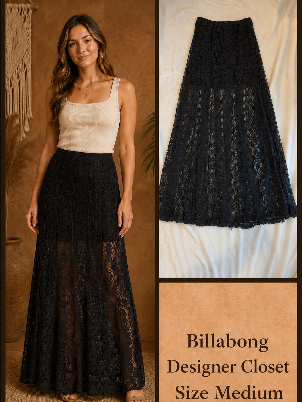 Billabong "Designer's Closet" black lace maxi skirt